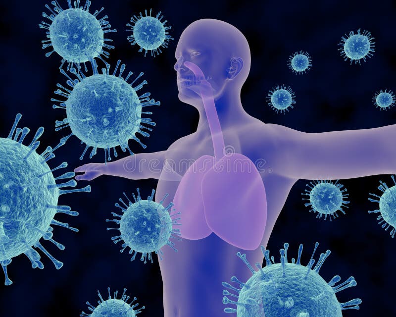 An illustration related to viral infections of the respiratory system. The illustration includes the depictions of the human respiratory system and influenza viruses in a contemporary stylized layout. An illustration related to viral infections of the respiratory system. The illustration includes the depictions of the human respiratory system and influenza viruses in a contemporary stylized layout.