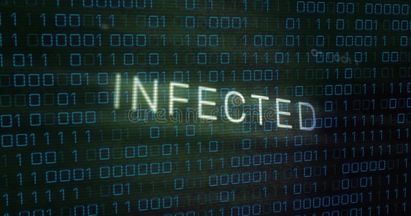 GEÏNFECTEERDE tekstanimatie over binaire codeachtergrond die op cyberveiligheidsbedreiging wijst stock illustratie