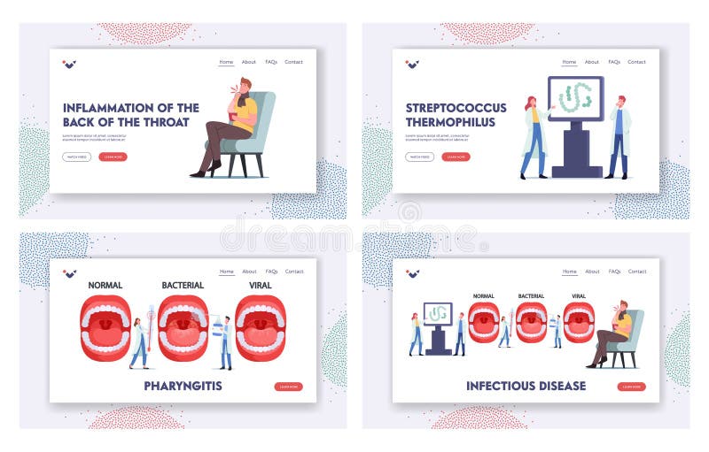 Infectious Disease Landing Page Template Set. Doctors Presenting Infographics with Normal, Bacterial Pharyngitis stock illustration