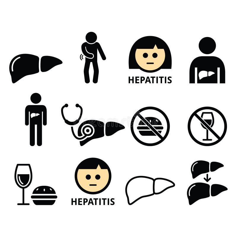 Infecção hepática, hepatite - ícones da saúde ajustados ilustração do vetor Infecção hepática, hepatite - ícones da saúde ajustados ilustração do vetor