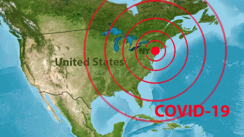Infecção por coronavírus no surto de covid19 nos eua em nova iorque no mapa da américa. novo vírus sarscov2 corona espalha-se em n