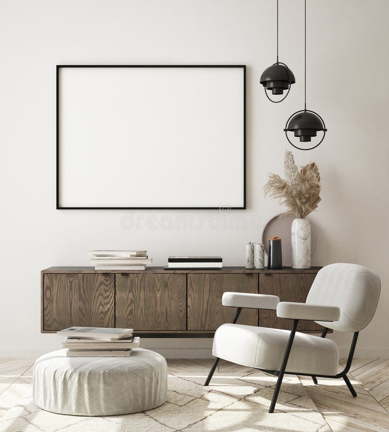 Infilare la cornice del poster in uno sfondo interno moderno, in soggiorno, stile scandinavo, in 3D royalty illustrazione gratis