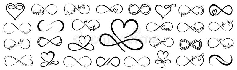 Infiniti simboli di linea d'amore con l'icona del cuore. cuore d'amore, simbolo dell'infinito. collezione infinita di simboli d'am illustrazione di stock