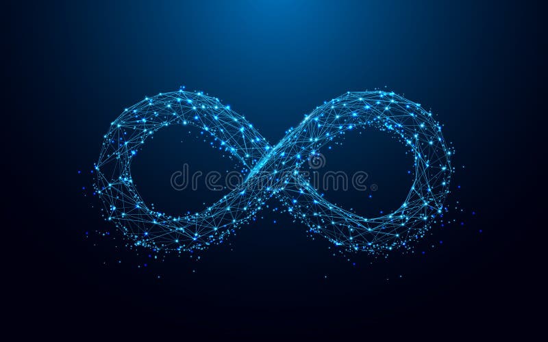 Infinity icon from lines and triangles, point connecting network on blue background