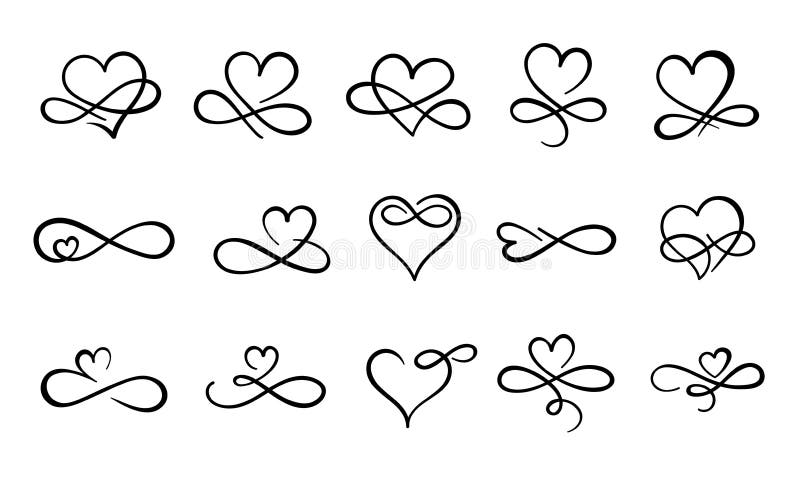 Infinity love flourish. Hand drawn heart decorative flourishes, love ornate tattoo design and infinity hearts vector set