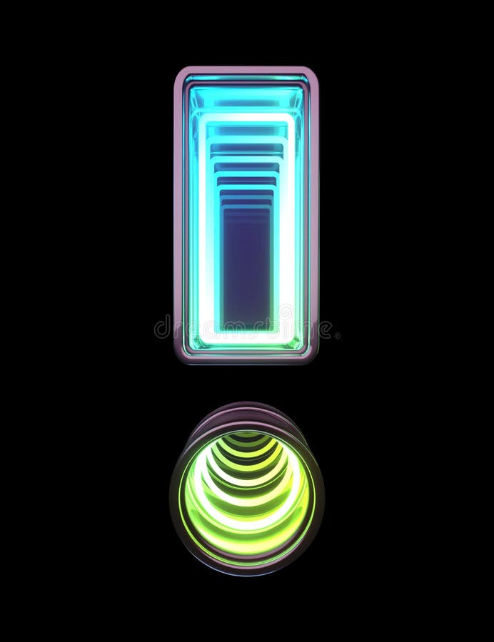 Infinity Neon font. Minth light. Exclamation symbol. Isolated background. 3D illustration typeface.