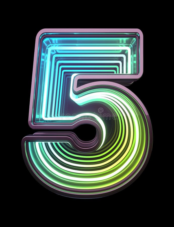 Infinity Neon font. Minth light. Number 5. stock photo