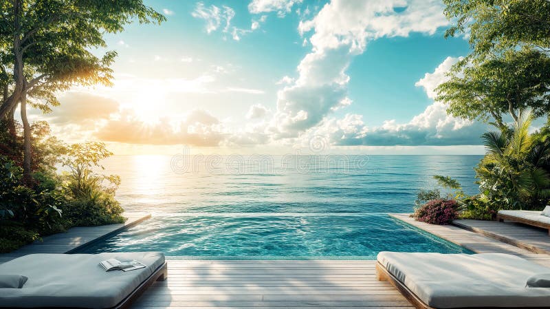 Infinity pool overlooking serene ocean at sunset ai generative vector illustration