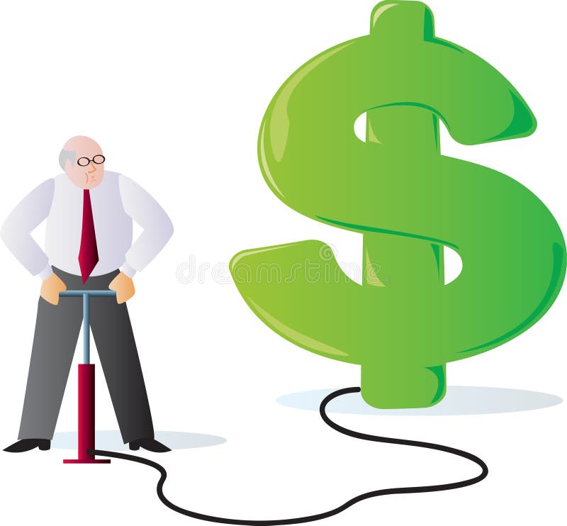 A businessman filling up a dollar sign with air, signifying the concept of inflation. A businessman filling up a dollar sign with air, signifying the concept of inflation.