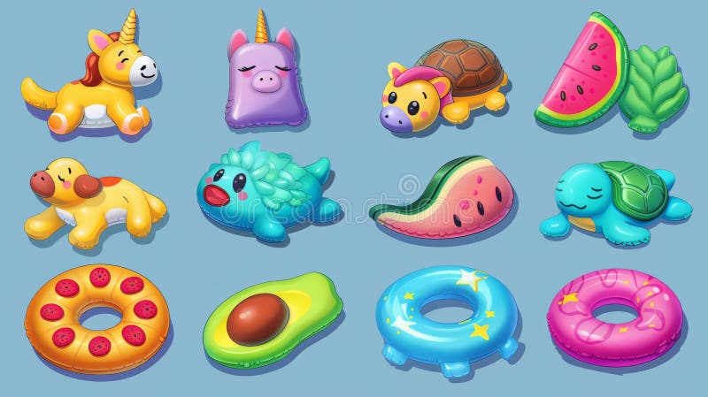 An inflatable mattress set with swimming rings with a cartoon unicorn, dog, turtle, watermelon, popsicle, avocado and pizza as well as a collection of modern toys for children and adults. A modern. AI generated. An inflatable mattress set with swimming rings with a cartoon unicorn, dog, turtle, watermelon, popsicle, avocado and pizza as well as a collection of modern toys for children and adults. A modern. AI generated