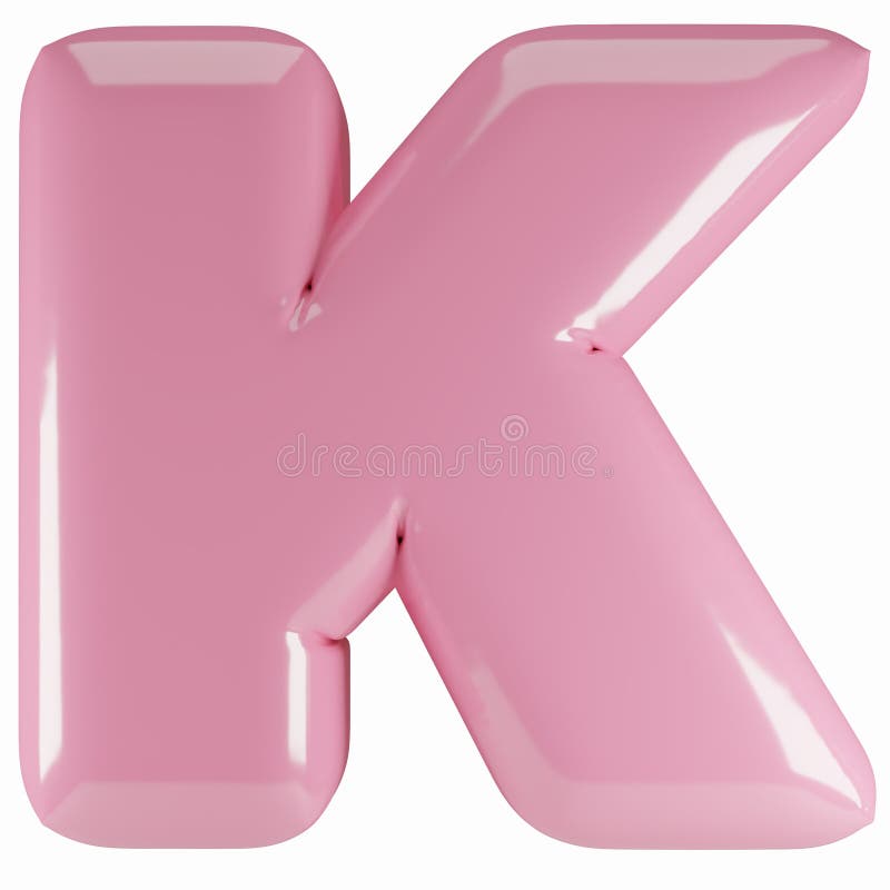 Inflated glossy pink letter K uppercase illustration. 3D render of latex bubble font with glint. Graphic type, typography, ABC stock illustration