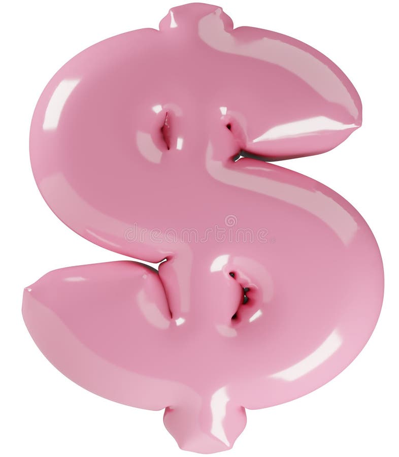 Inflated glossy pink money symbol illustration. 3D render of latex bubble Dollar currency with glint. Graphic math symbol stock illustration
