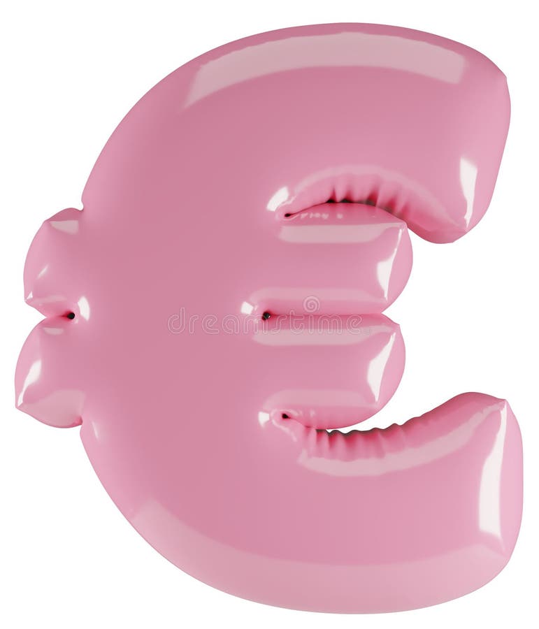 Inflated glossy pink money symbol illustration. 3D render of latex bubble Euro currency with glint. Graphic math symbol stock illustration