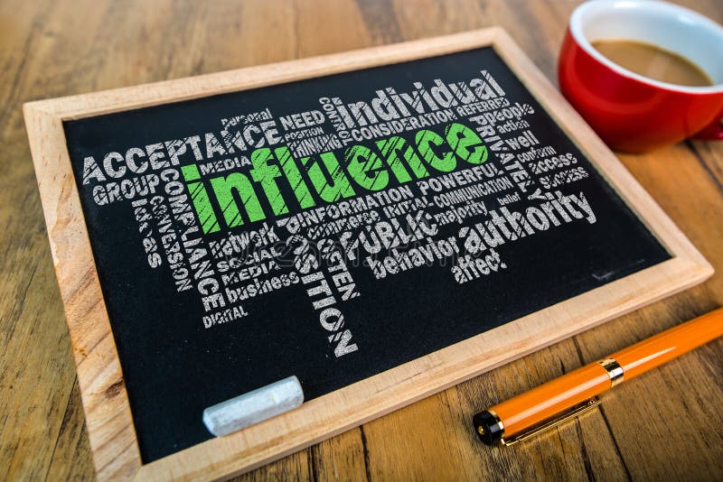 Influence word cloud chart on small blackboard