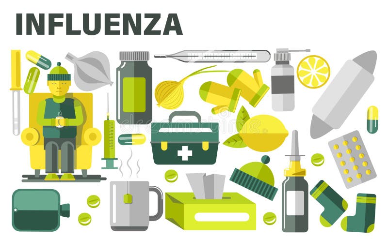 Influenza treatment, cold or flue medication, sick man and pills