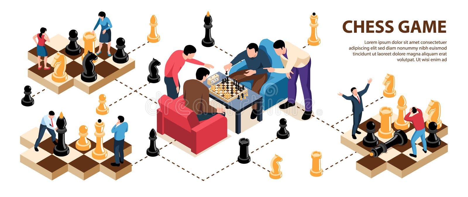 Infográficos isométricos de xadrez com aulas de jogos online para crianças  e adultos jogadores de diferentes idades em ilustração vetorial 3d de fundo  azul
