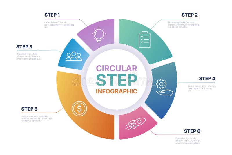 Infografía de gráfico circular. Diagrama de pasos de círculo diagramas redondos modernos con 5 pasos de elementos de un gráfico de stock de ilustración