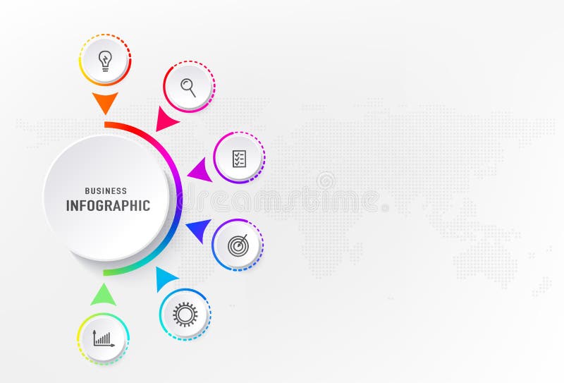 Infograph 6 pasos elemento, proceso del diagrama con el círculo central Diagrama de carta gráfico, diseño gráfico de la cronologí stock de ilustración Infograph 6 pasos elemento, proceso del diagrama con el círculo central Diagrama de carta gráfico, diseño gráfico de la cronologí stock de ilustración