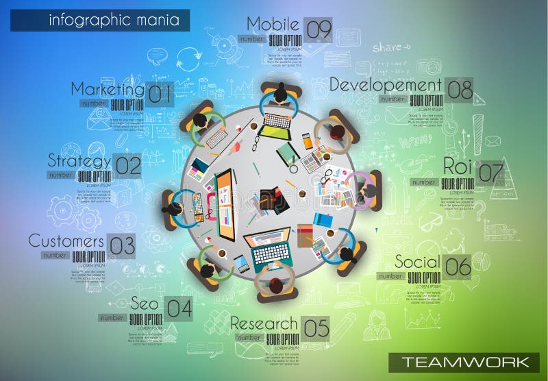 Infograph tła szablon z temworking brainstorming stołem z infographic projektów elementami ilustracja wektor Infograph tła szablon z temworking brainstorming stołem z infographic projektów elementami ilustracja wektor