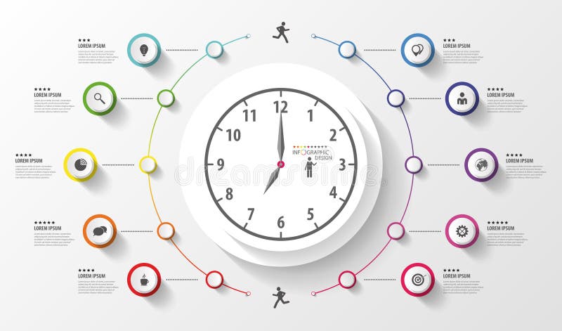 Infographic. Business Clock. Colorful circle with icons. Vector stock illustration Infographic. Business Clock. Colorful circle with icons. Vector stock illustration