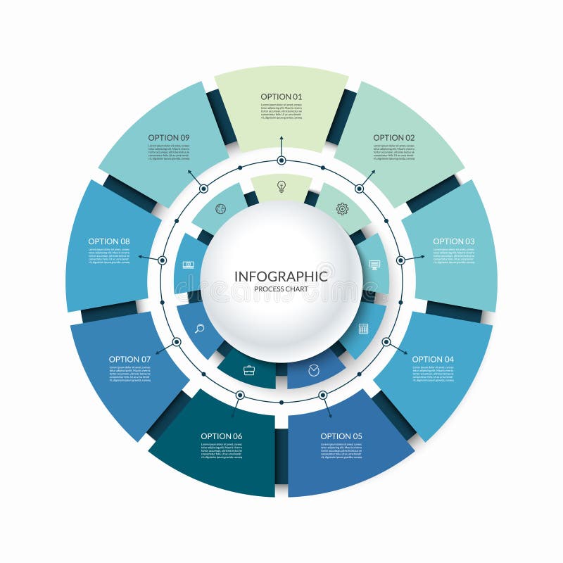 Infographic circular chart divided into 9 parts. Step-by step cycle diagram with nine options designed for report, presentation, data visualization. Infographic circular chart divided into 9 parts. Step-by step cycle diagram with nine options designed for report, presentation, data visualization.