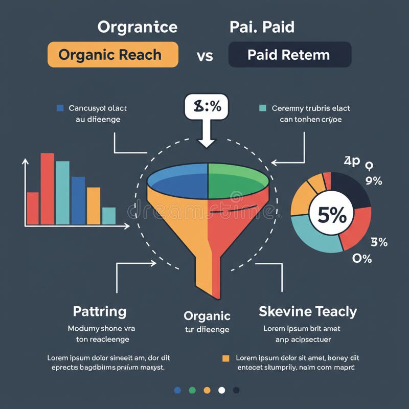 Infographic comparing \'Organic Reach\' and \'Paid Retem\' using charts and diagrams. stock illustration