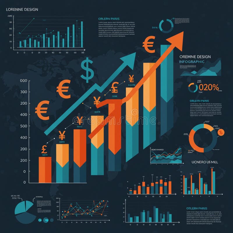Infographic with a dark background, showcasing various financial data visualizations. royalty free illustration