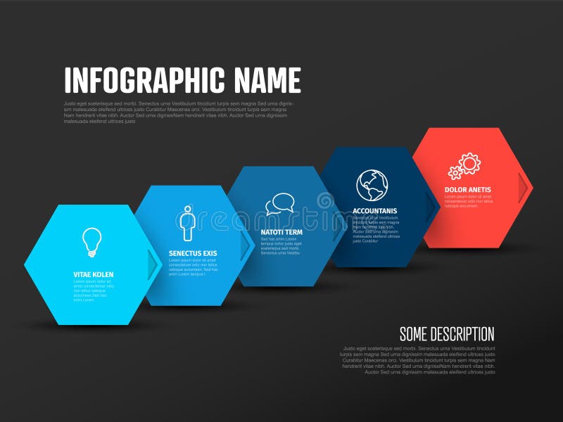 Infographic dark template with big hexagons in diagonal line vector illustration