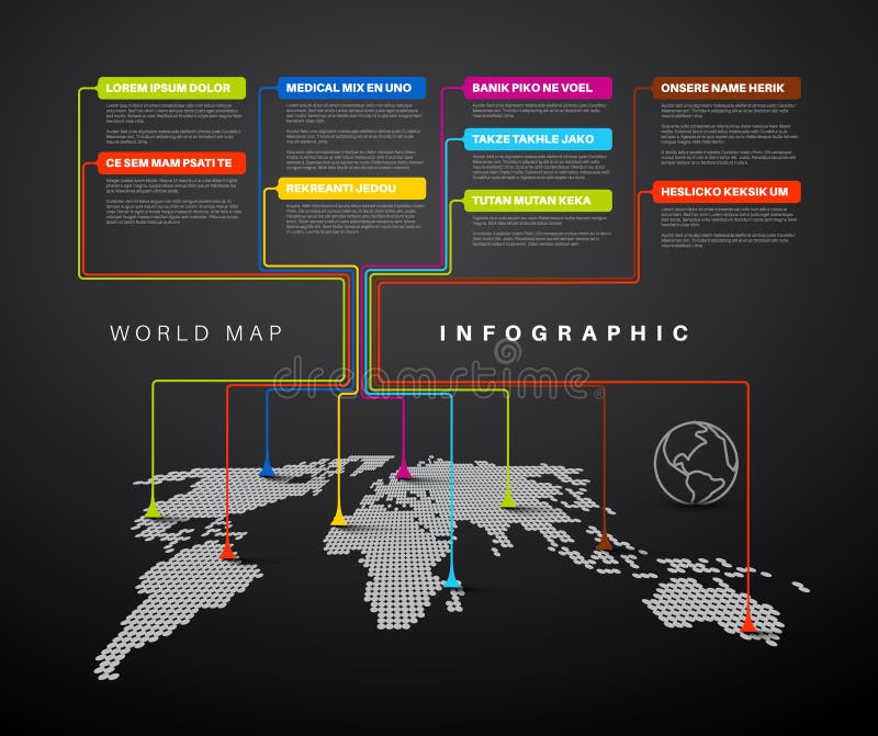 Infographic: Dark World map with pointer marks vector illustration