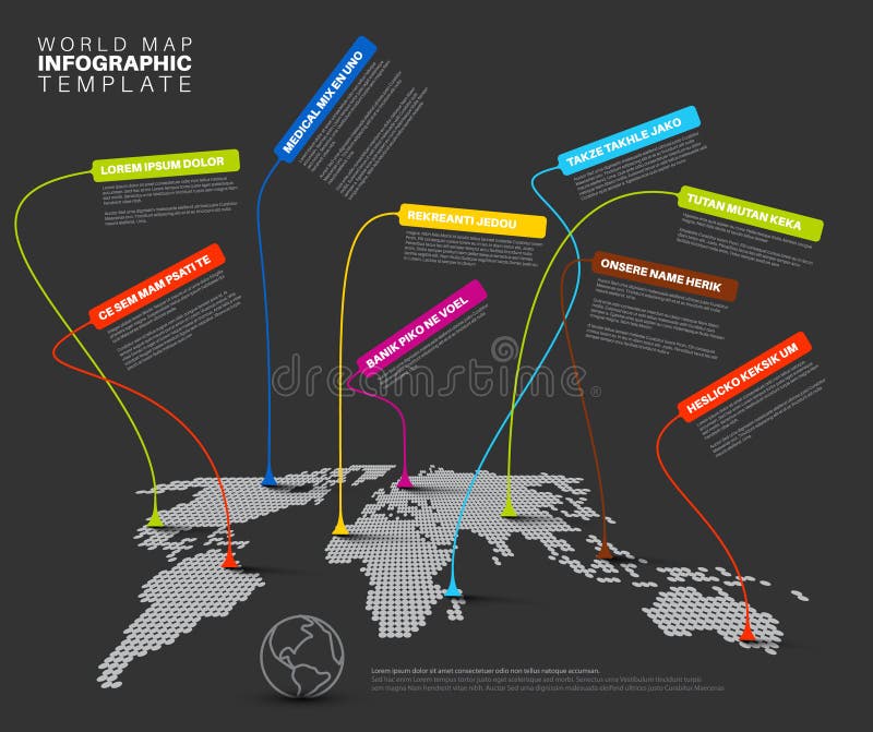 Infographic: Dark World map with pointer marks vector illustration