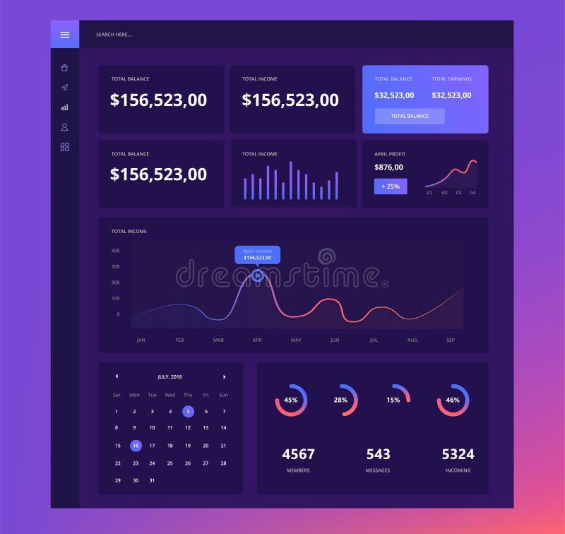 Infographic dashboard template with flat design graphs and pie charts. Information Graphics elements for UI UX design stock illustration Infographic dashboard template with flat design graphs and pie charts. Information Graphics elements for UI UX design stock illustration