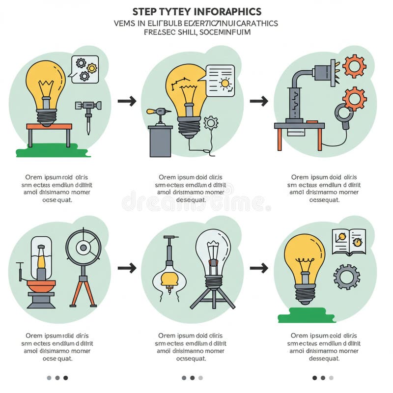 Infographic depicting the step-by-step process of lightbulb creation. Six steps vector illustration