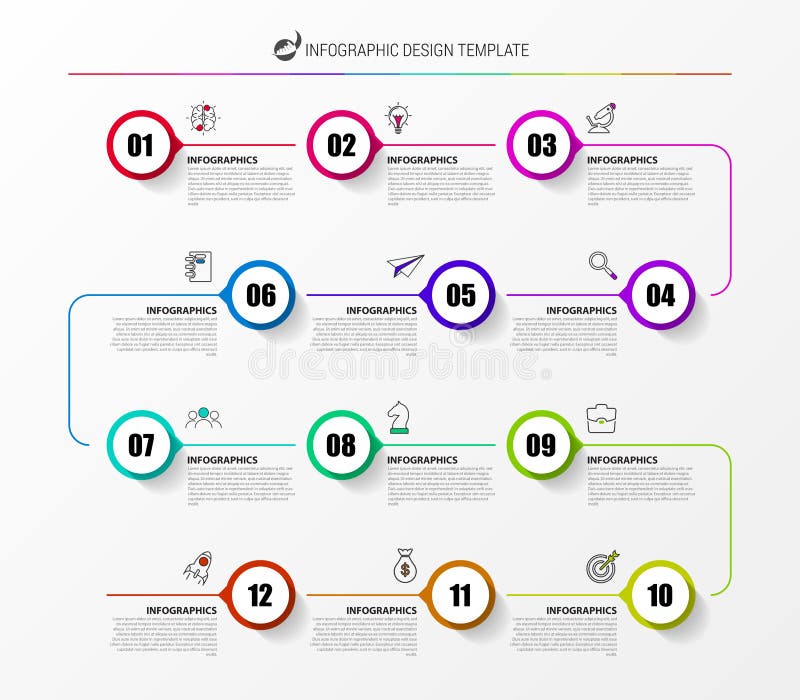 Infographic design template. Timeline concept with 12 steps