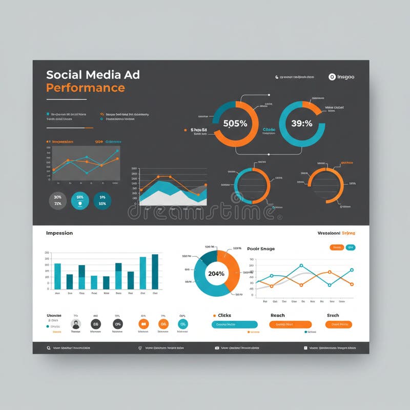 Infographic displaying social media ad performance data. Several charts and graphs vector illustration