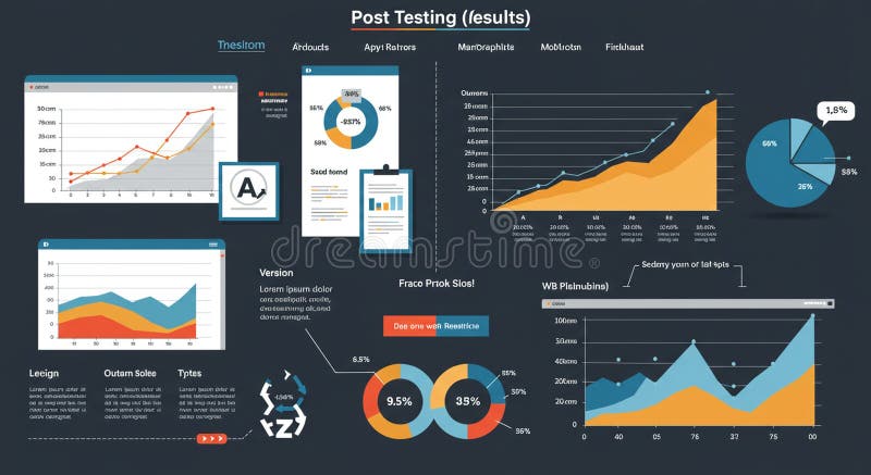 Infographic displaying various data visualizations, including pie charts, line graphs royalty free illustration