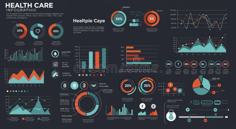 Infographic displaying various health care statistics and data visualizations. Includes royalty free illustration