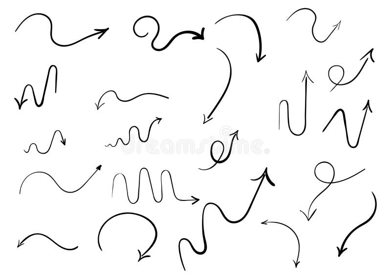 Infographic elements on isolated white background. Hand drawn simple arrows. Line art. Set of different pointers. Abstract stock illustration