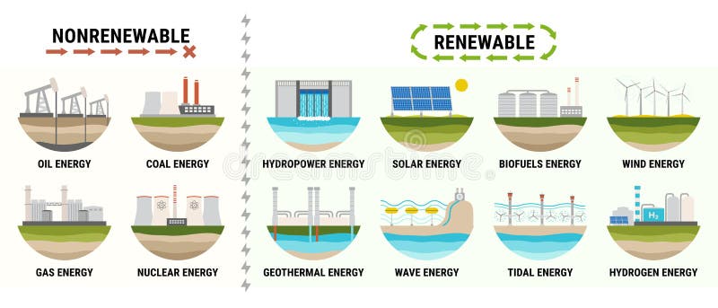 Infographic of energy consumption by source. Nonrenewable energy like oil, gas, coal, nuclear. Renewable energy sources like