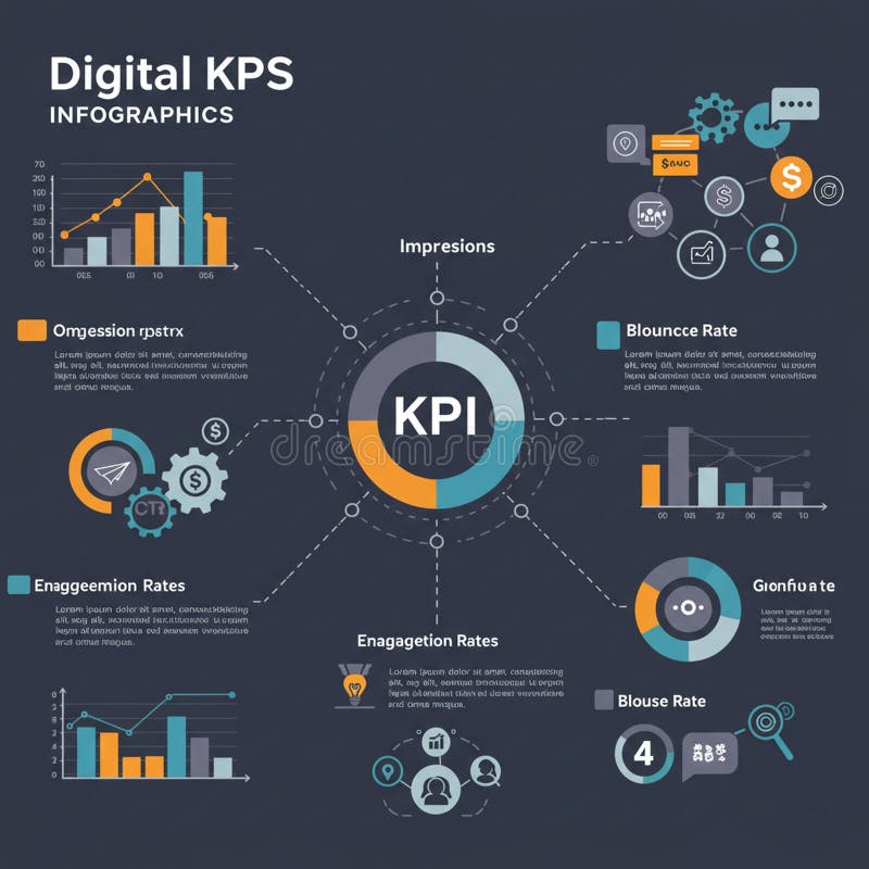 Infographic features a central circle labeled \'KPI\' with surrounding elements stock illustration