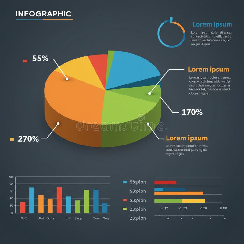 Infographic features a multicolored pie chart segmented into five sections, displaying royalty free illustration