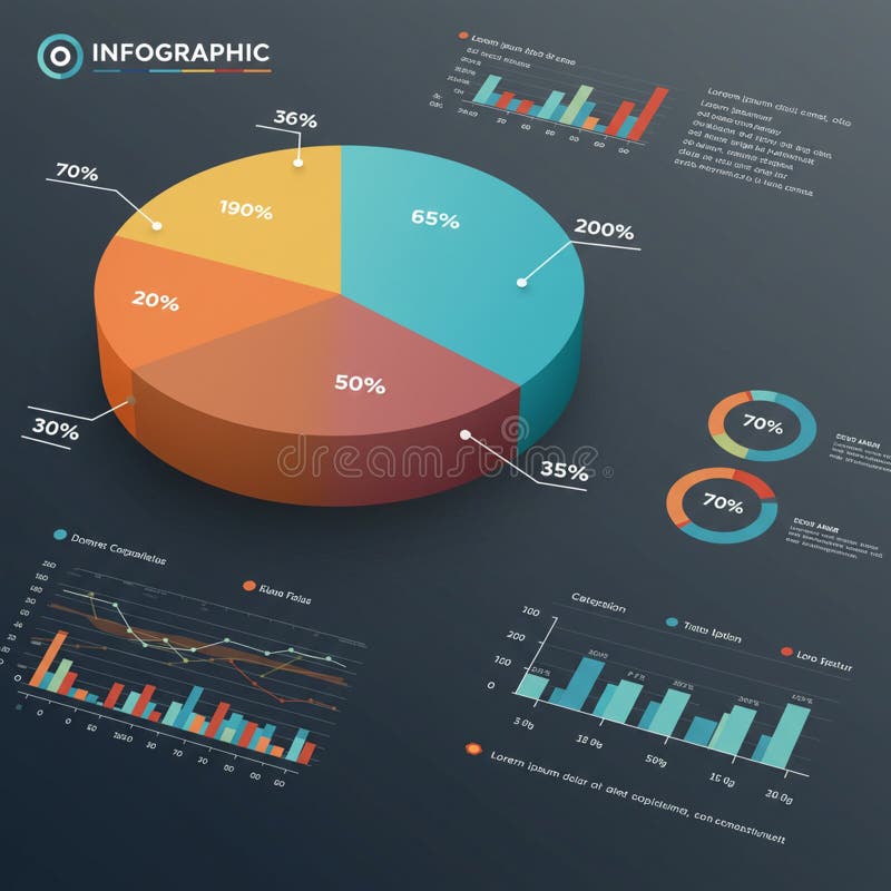 Infographic featuring a 3D pie chart with five colored segments labeled with stock illustration