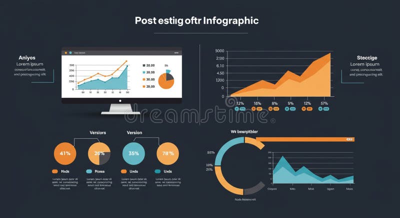 Infographic featuring a digital display with a line graph and pie chart, showing data royalty free illustration