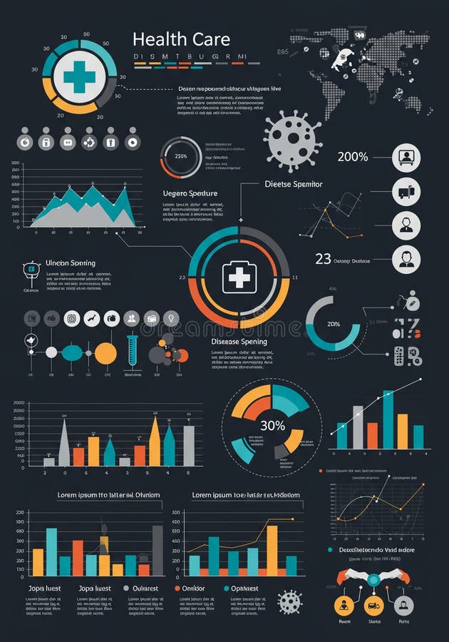 Infographic featuring healthcare-related data visualizations. Includes pie charts, bar vector illustration