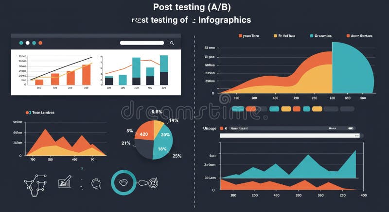 Infographic featuring multiple charts on a dark background. Bar graphs, line graphs vector illustration