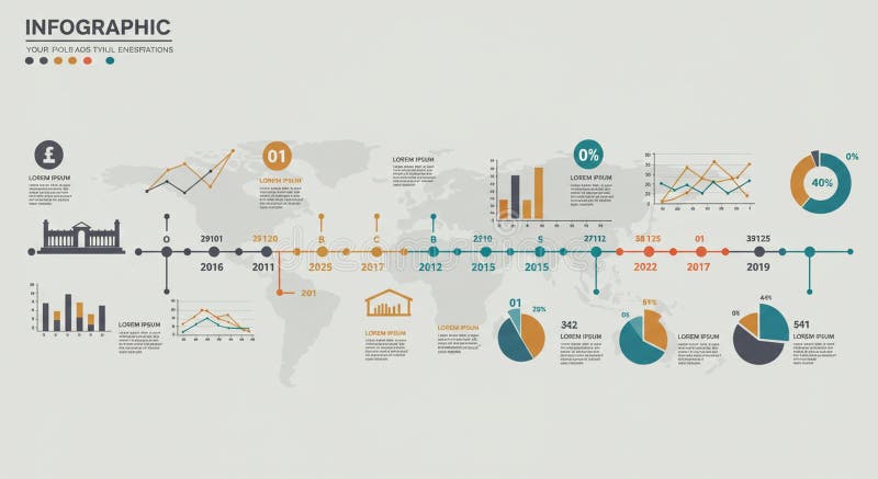 Infographic featuring a timeline across a world map, highlighting various years from vector illustration