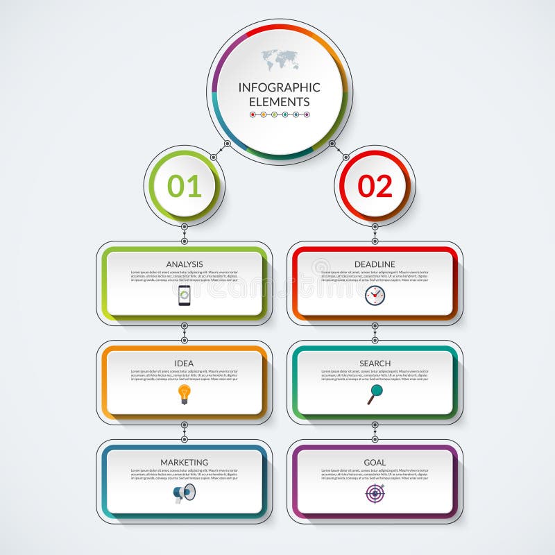 Infographic flow chart template with 2 option circles and 6 tabs vector illustration