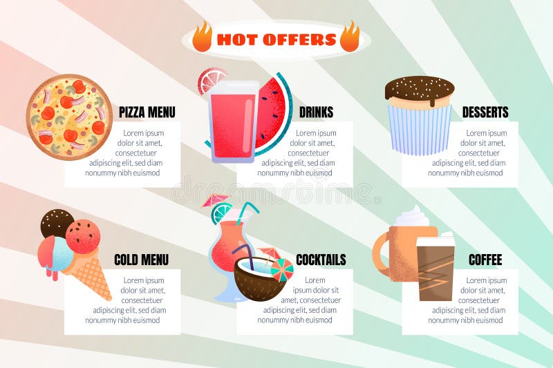 Infographic för varm erbjudanderestaurangmeny plant baner royaltyfri illustrationer Infographic för varm erbjudanderestaurangmeny plant baner royaltyfri illustrationer