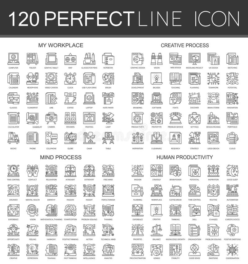 120 infographic het symboolpictogrammen van het overzichts miniconcept van mijn werkplaats, creatief proces, meningsproces, mense stock illustratie 120 infographic het symboolpictogrammen van het overzichts miniconcept van mijn werkplaats, creatief proces, meningsproces, mense stock illustratie