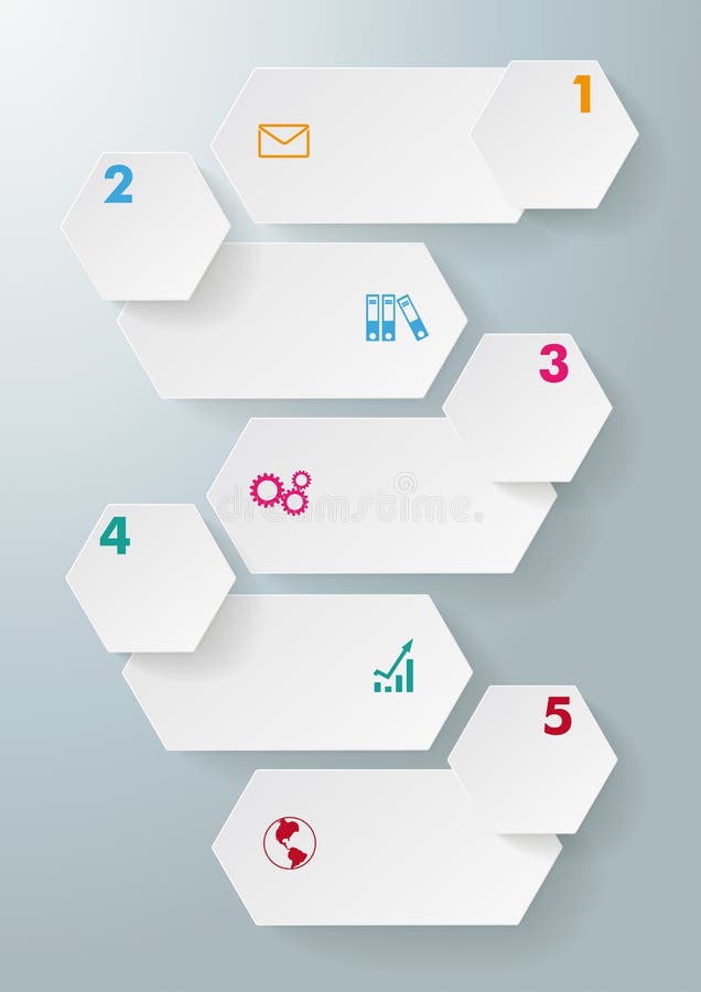 Infographic 5 hexágonos largos de las opciones stock de ilustración Infographic 5 hexágonos largos de las opciones stock de ilustración