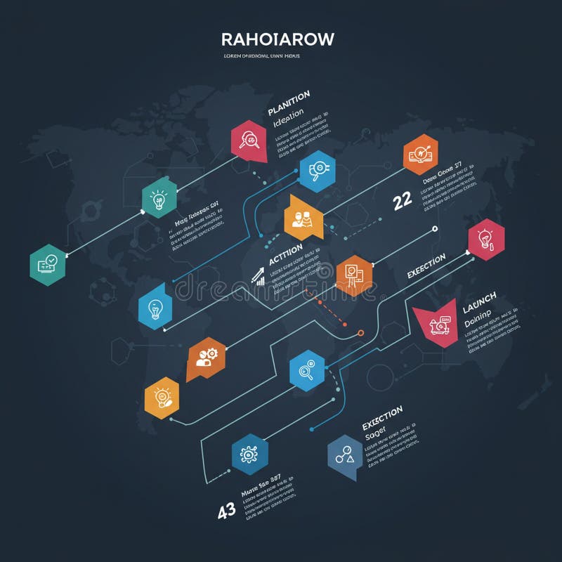 Infographic illustrating a process flowchart with a dark background and colorful stock illustration